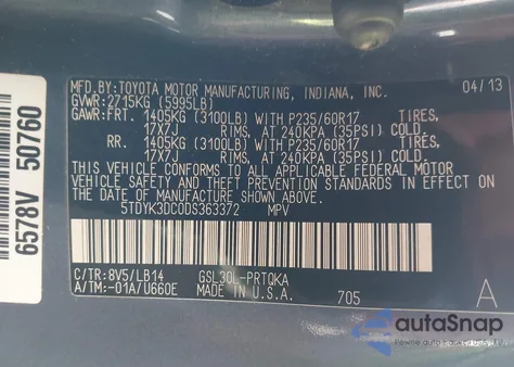 2013 Toyota Sienna Xle V6 8 Passenger из США, поврежденный, VIN 5TDYK3DC0DS363372